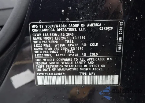 2020 Volkswagen Atlas Cross Sport 3.6L V6 Se W/Technology/3.6L V6 Se W/Technology R-Line z USA, uszkodzony, nr VIN 1V26E2CA0LC209171